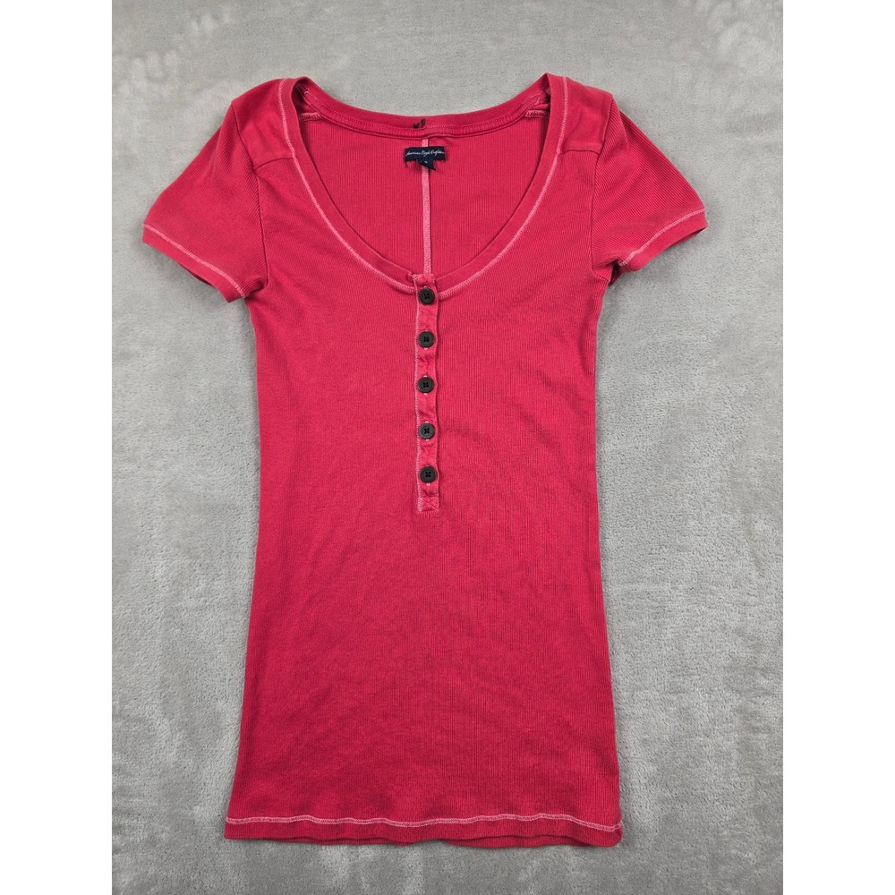American Eagle Henley Top Women Juniors L Red Ribbed Short Sleeve Baby Doll